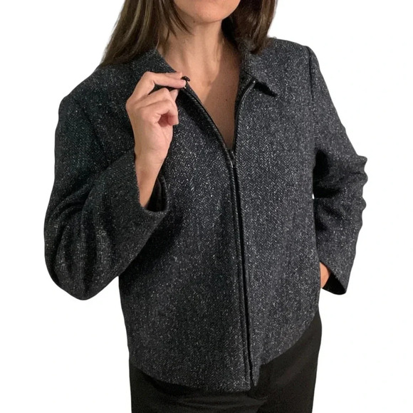 Vintage Talbots Herringbone Tweed Zip Jacket. blue black wool silk blazer zipper - Picture 4 of 12